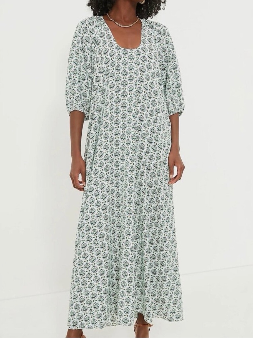Hyacinth House Tuckernuck Green Leaves Maxi Dress Printed 3/4 Sleeve Size S